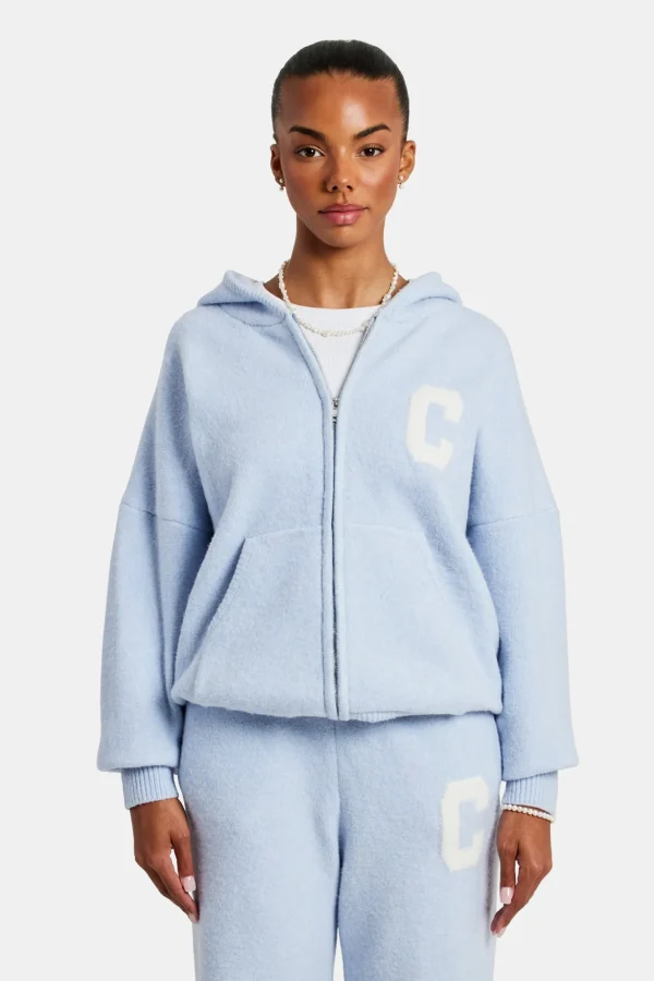 Hooded Zip Through Knitted Jumper - Light Blue