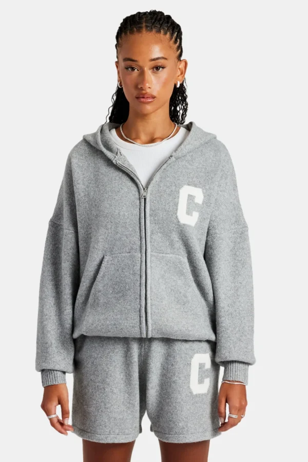 Hooded Zip Through Knitted Jumper - Grey