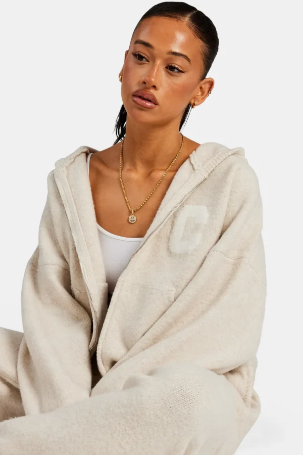 Hooded Zip Through Knitted Jumper - Oatmeal