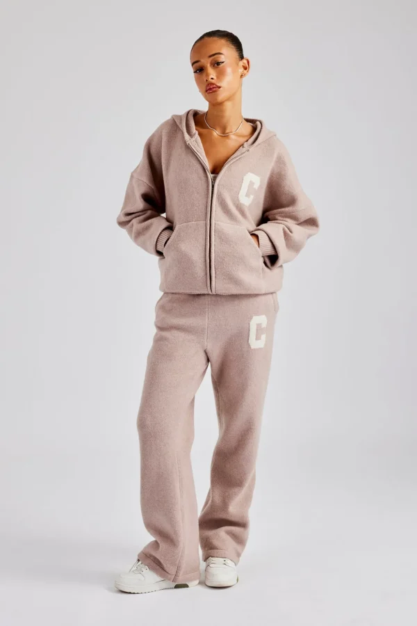 Hooded Zip Through Knitted Tracksuit - Pink