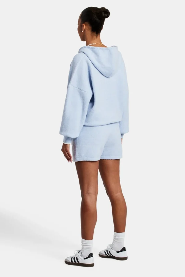 Hooded Zip Through Knitted Short Tracksuit - Light Blue