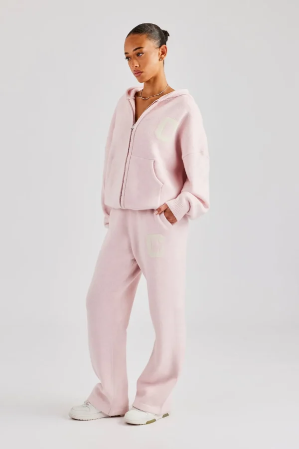 Hooded Zip Through Knitted Tracksuit - Baby Pink