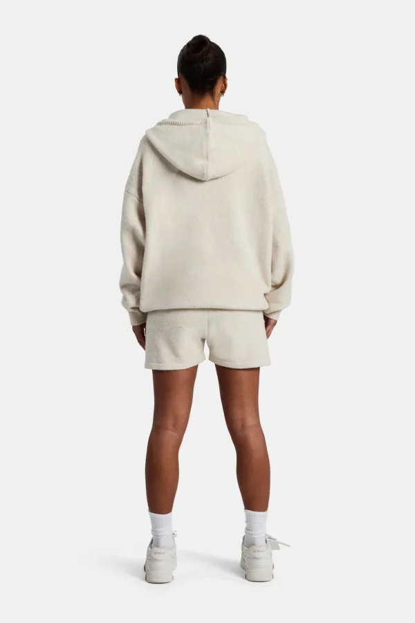 Hooded Zip Through Knitted Short Tracksuit - Oatmeal