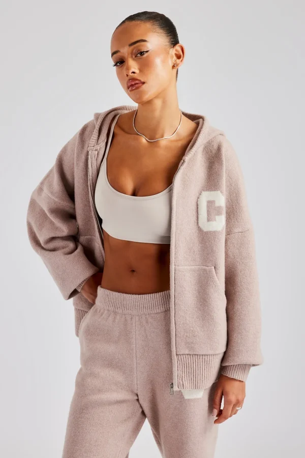 Hooded Zip Through Knitted Hoodie - Pink