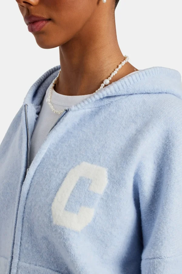 Hooded Zip Through Knitted Jumper - Light Blue