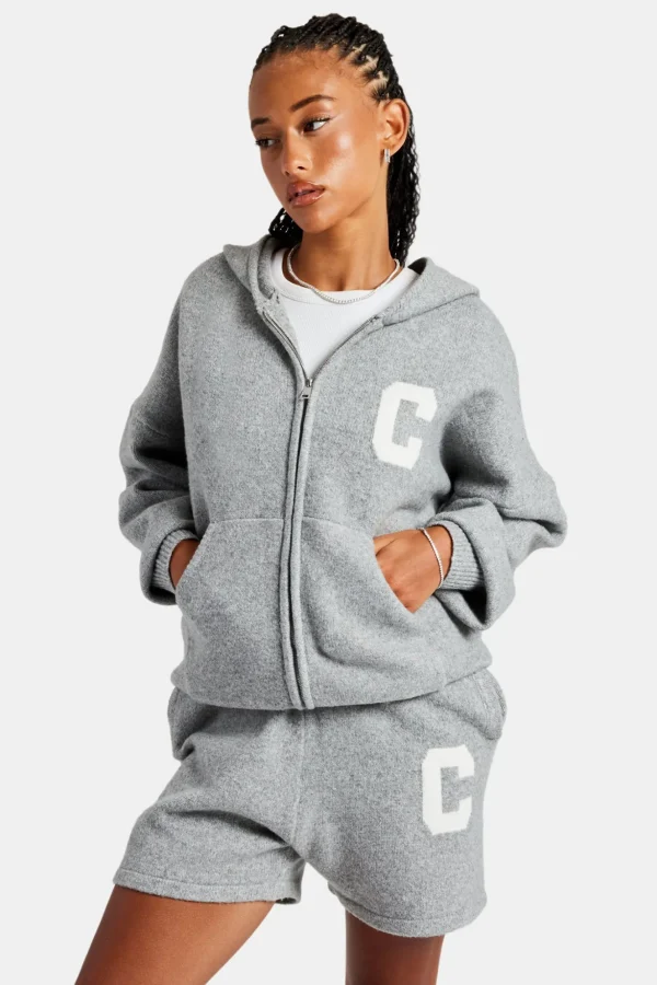 Hooded Zip Through Knitted Jumper - Grey