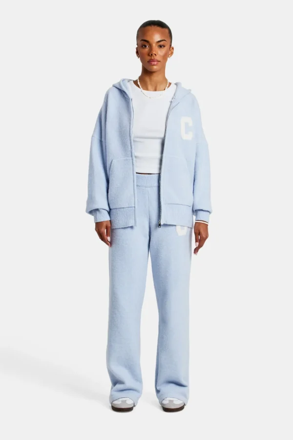 Hooded Zip Through Knitted Tracksuit - Light Blue