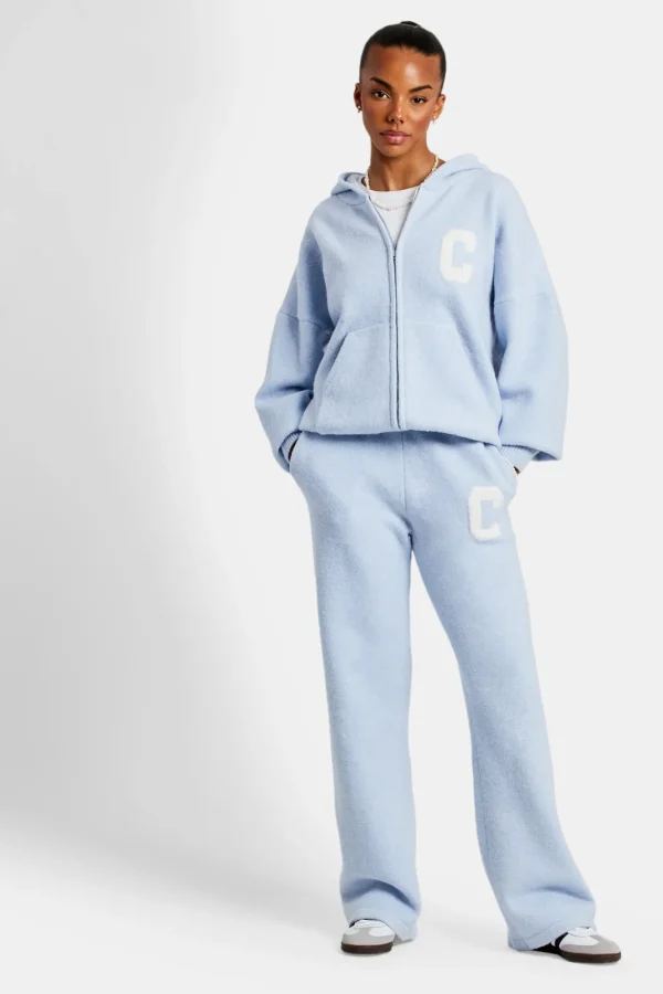 Hooded Zip Through Knitted Tracksuit - Light Blue