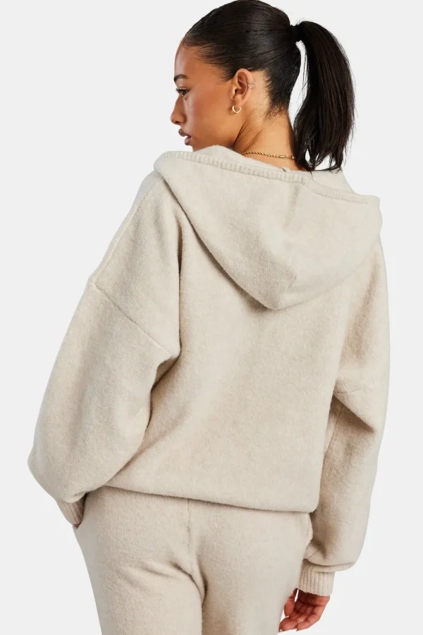 Hooded Zip Through Knitted Jumper - Oatmeal