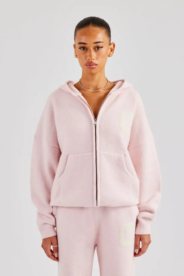 Hooded Zip Through Knitted Jumper - Baby Pink