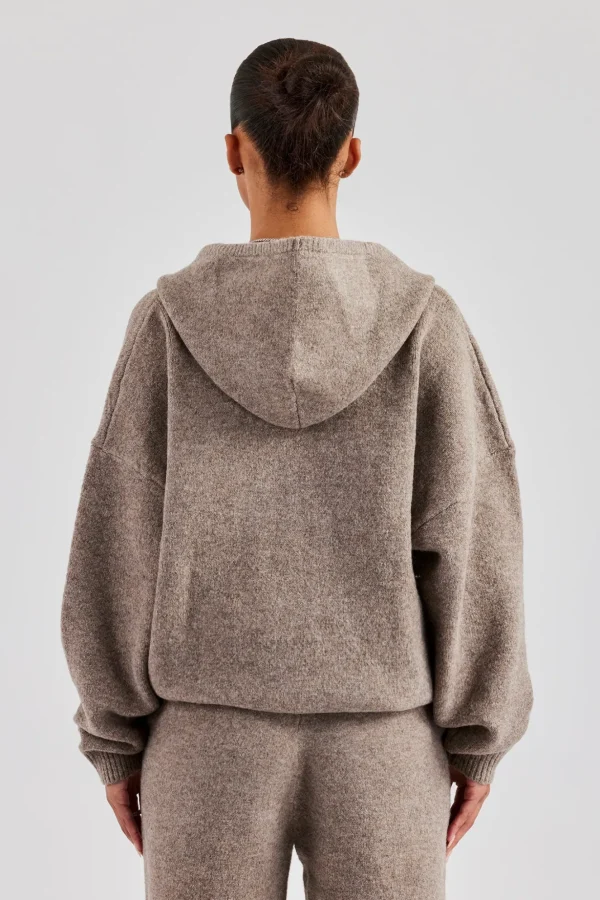 Hooded Zip Through Knitted Jumper - Taupe