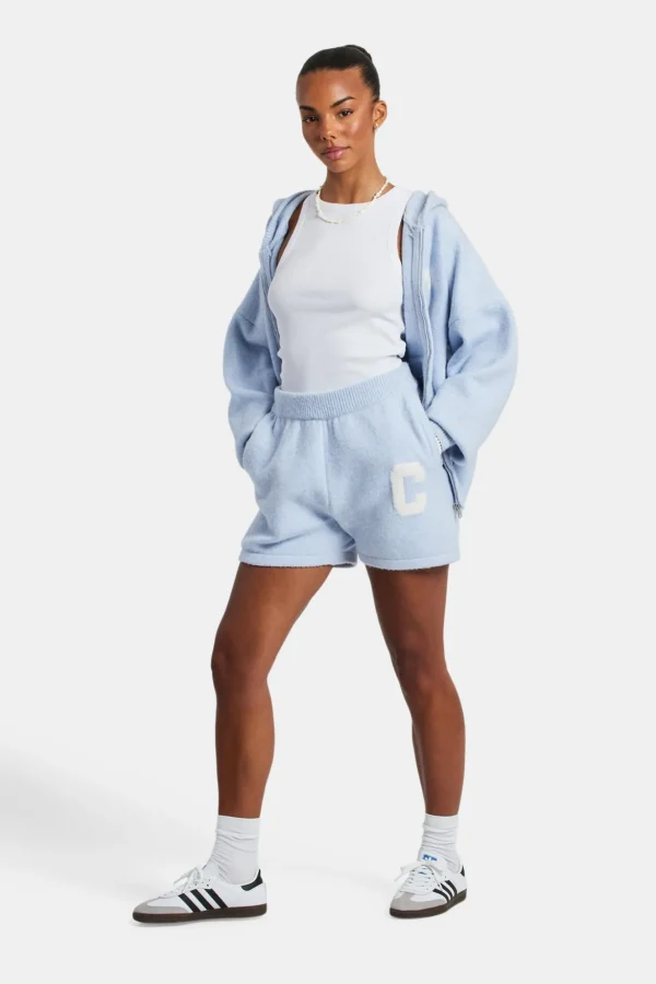 Hooded Zip Through Knitted Short Tracksuit - Light Blue