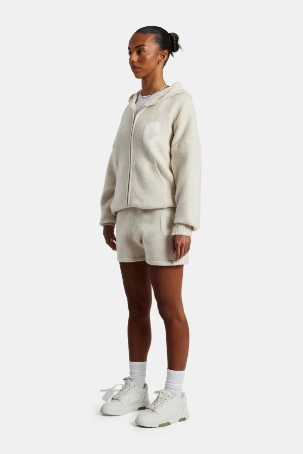 Hooded Zip Through Knitted Short Tracksuit - Oatmeal