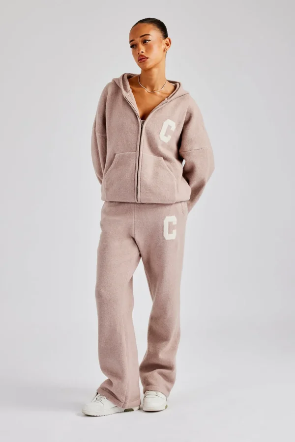 Hooded Zip Through Knitted Tracksuit - Pink