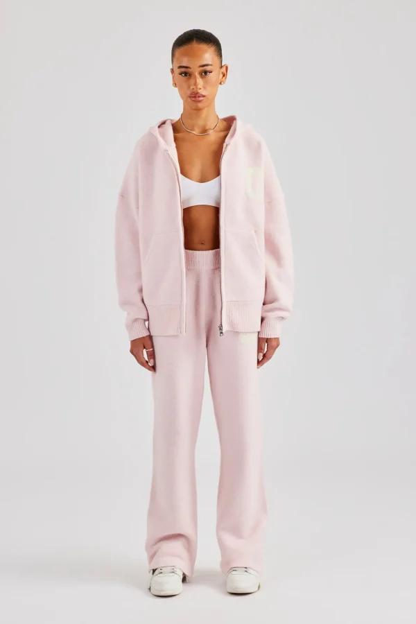 Hooded Zip Through Knitted Tracksuit - Baby Pink