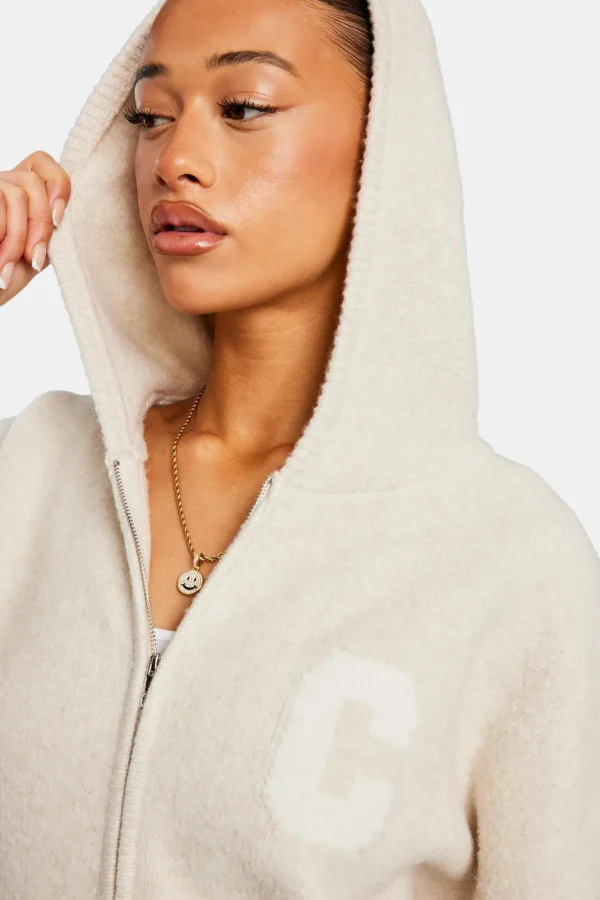 Hooded Zip Through Knitted Jumper - Oatmeal