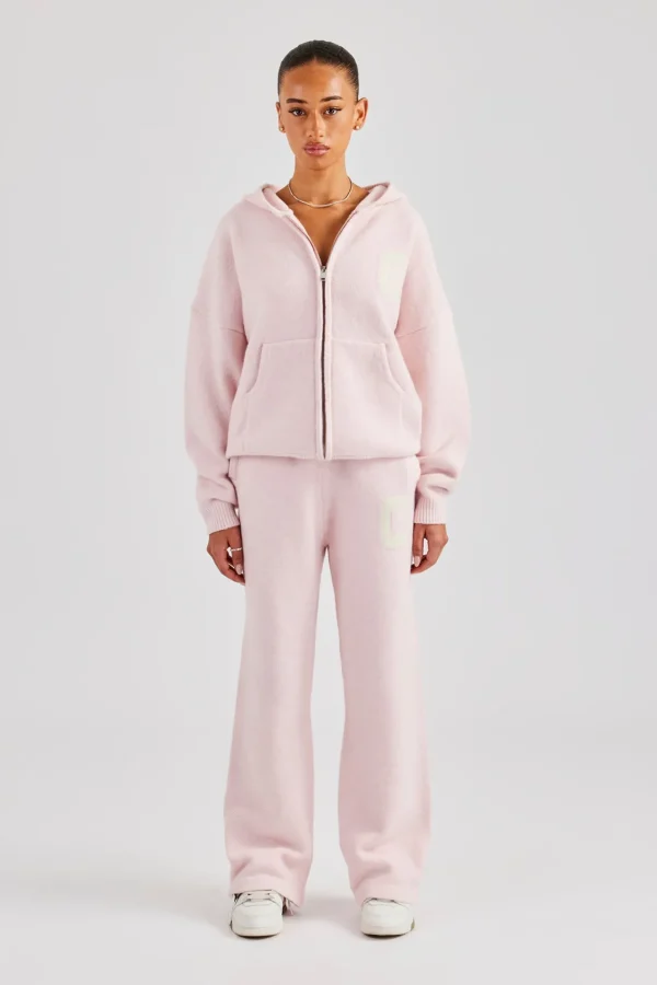 Hooded Zip Through Knitted Jumper - Baby Pink