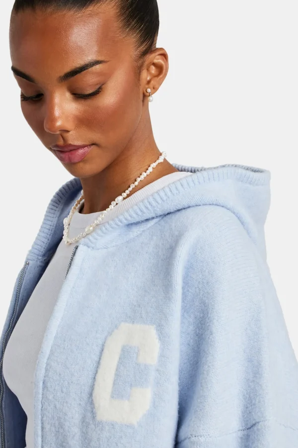 Hooded Zip Through Knitted Tracksuit - Light Blue