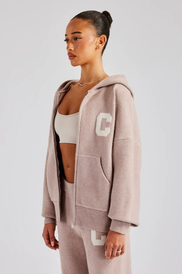 Hooded Zip Through Knitted Tracksuit - Pink