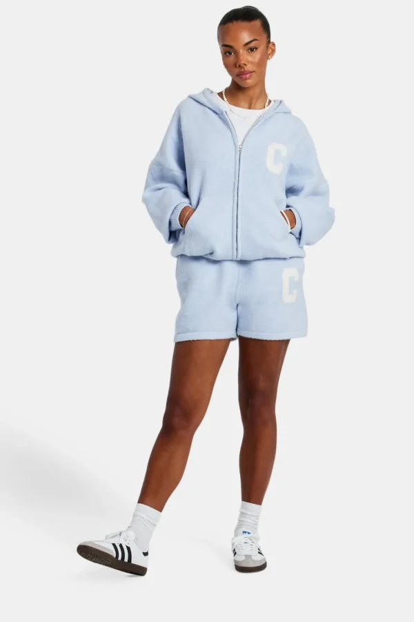 Hooded Zip Through Knitted Short Tracksuit - Light Blue