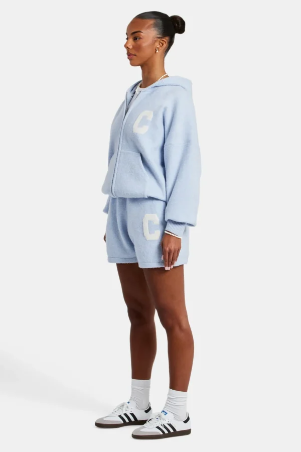 Hooded Zip Through Knitted Short Tracksuit - Light Blue