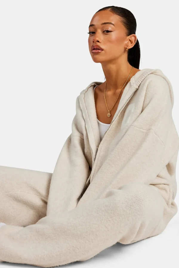 Hooded Zip Through Knitted Tracksuit - Oatmeal