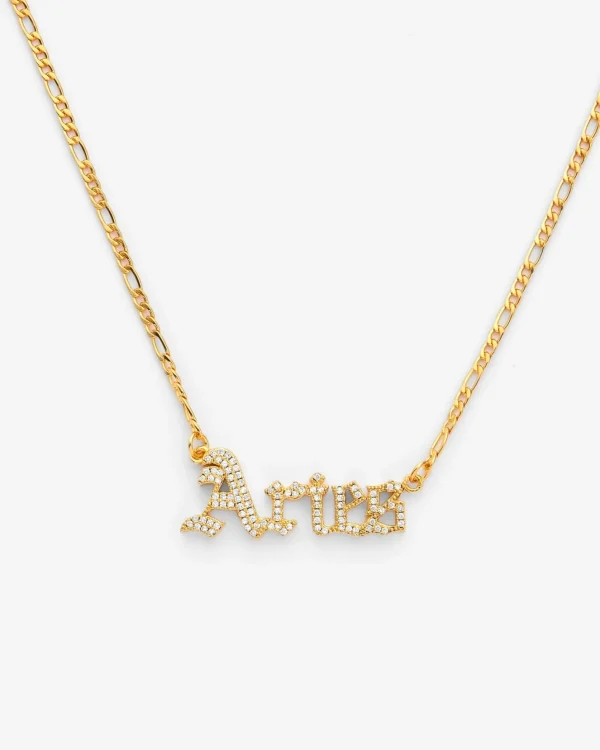 Iced Aries Zodiac Necklace - Gold