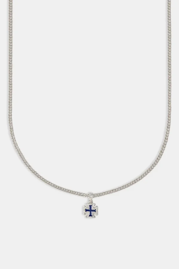 Iced Blue Enamel Cross Motif Cuban Necklace - 10mm