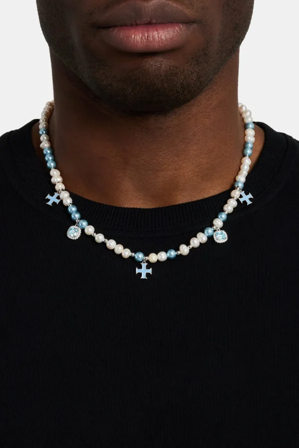 Iced Blue Mixed Motif Freshwater Pearl Necklace