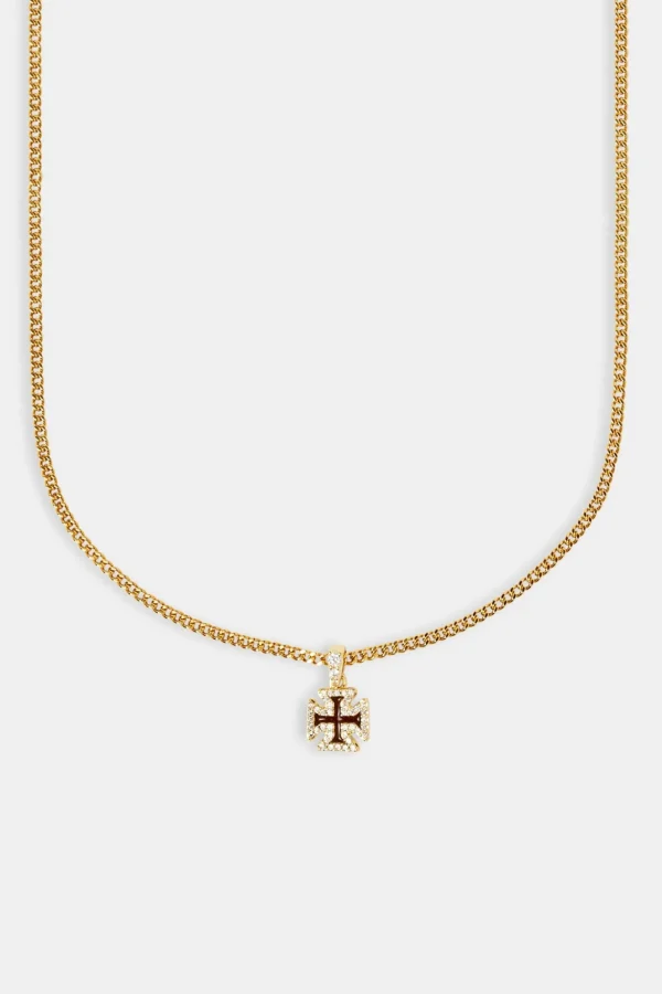 Iced Chocolate Enamel Cross Motif Cuban Necklace - 10mm