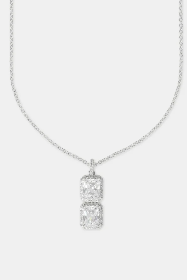 Iced Clear Double Stone Pendant Necklace - 40mm