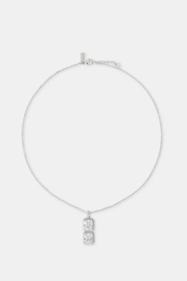 Iced Clear Double Stone Pendant Necklace - 40mm