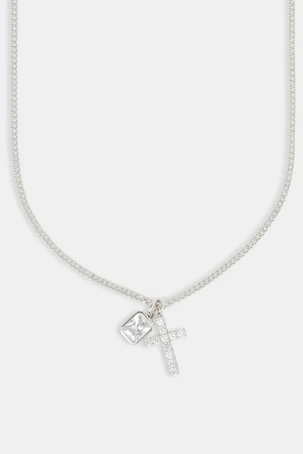 Iced Cross & Clear Gemstone Layered Necklace - 20mm