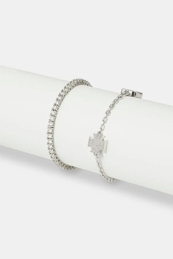 Iced Cross Motif Bracelet & 3mm Tennis Bracelet - White