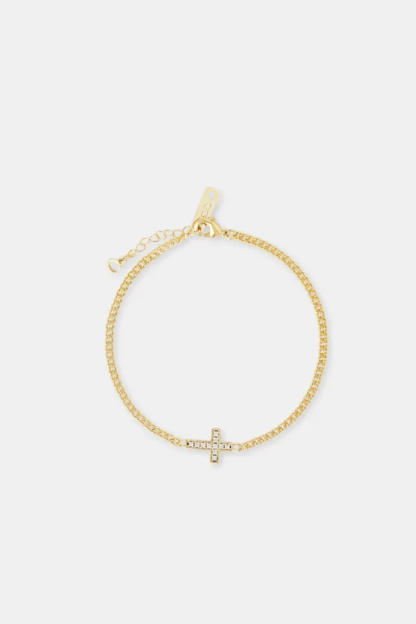 Iced Cross Motif Cuban Bracelet - 5mm - Gold