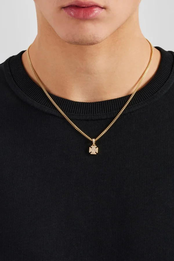 Iced Cross Motif Cuban Necklace - 10mm - Gold