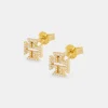 Iced Cross Motif Outline Stud Earrings - 8mm - Gold