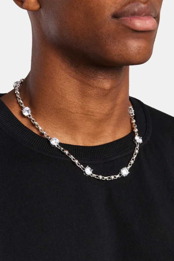 Iced CZ Gem & Ball Chain Mix Chain - White