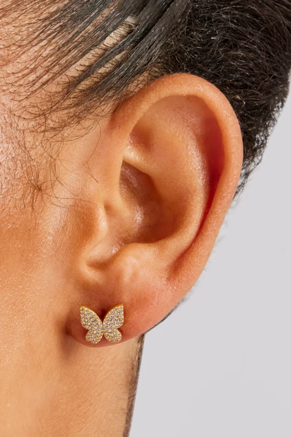 Iced CZ Pave Butterfly Stud Earrings - 10mm