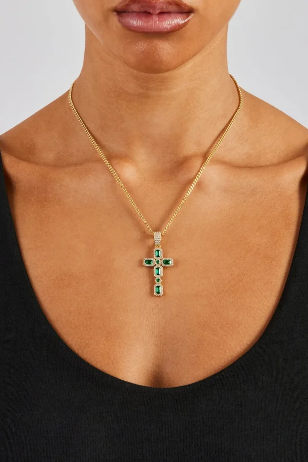 Iced Dark Green Gemstone Cross Cuban Necklace - 40mm