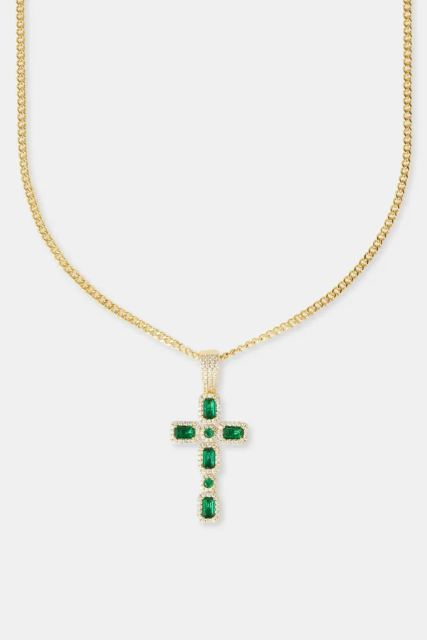 Iced Dark Green Gemstone Cross Cuban Necklace - 40mm