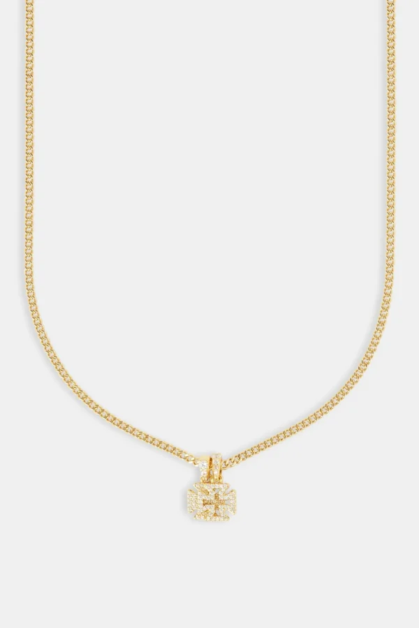 Iced Double Cross Motif Cuban Necklace - 10mm - Gold