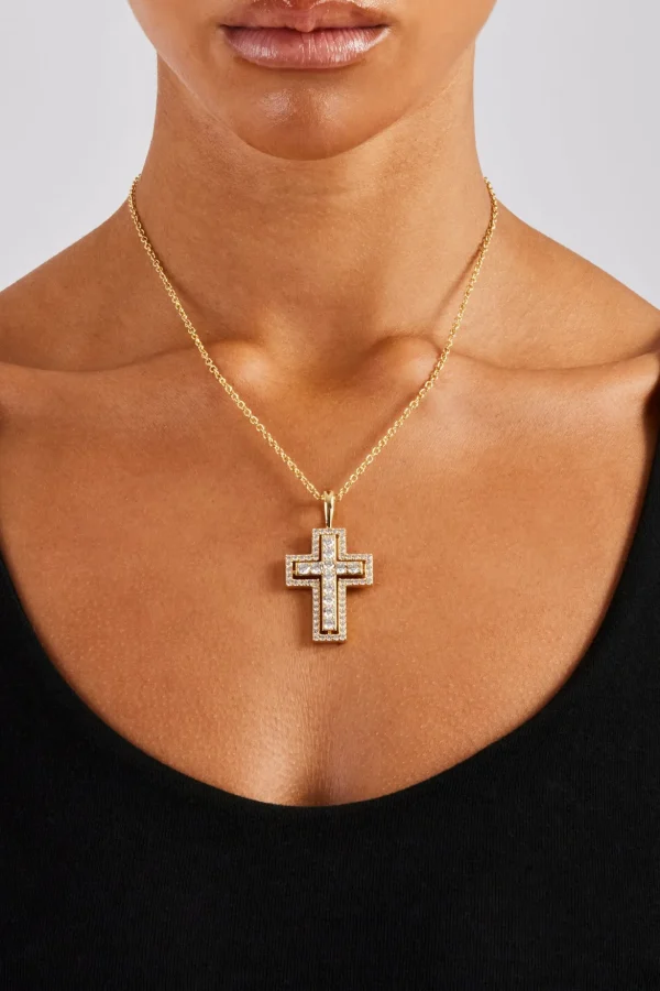 Iced Double Iced  Cross Necklace - 45mm - Gold