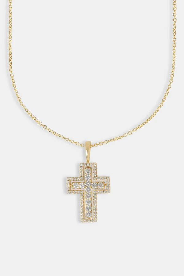 Iced Double Iced  Cross Necklace - 45mm - Gold