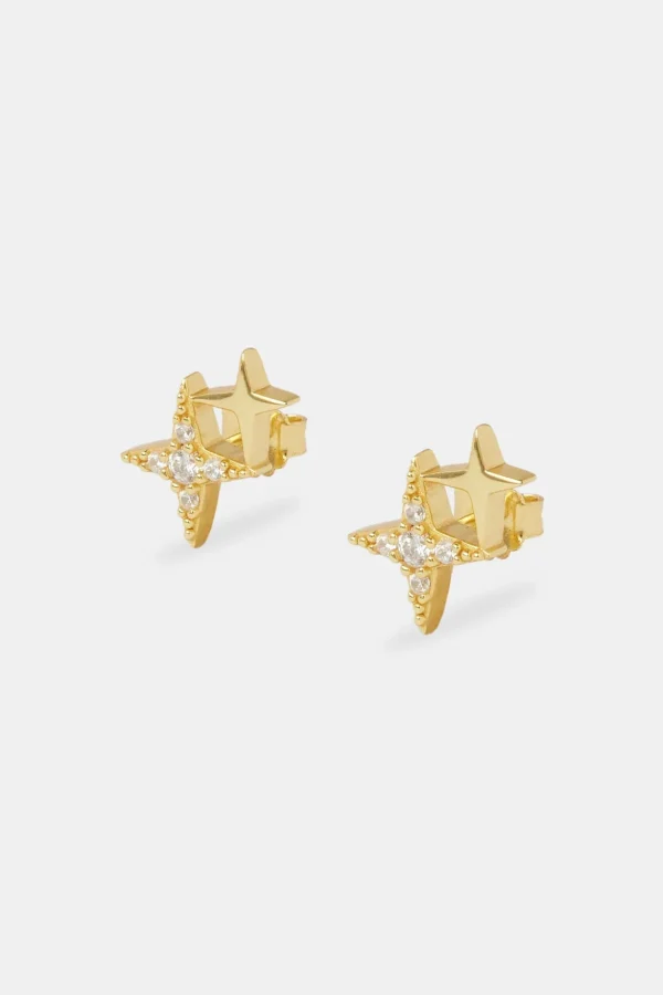 Iced Double Star Stud Earrings - 14mm - Gold