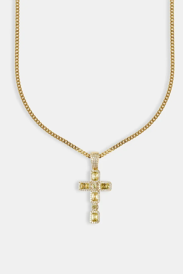 Iced Green Gemstone Cross Cuban Necklace - 40mm