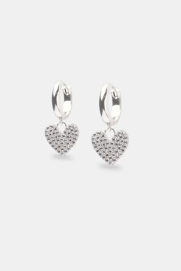 Iced Heart Huggie Hoop Earrings - White