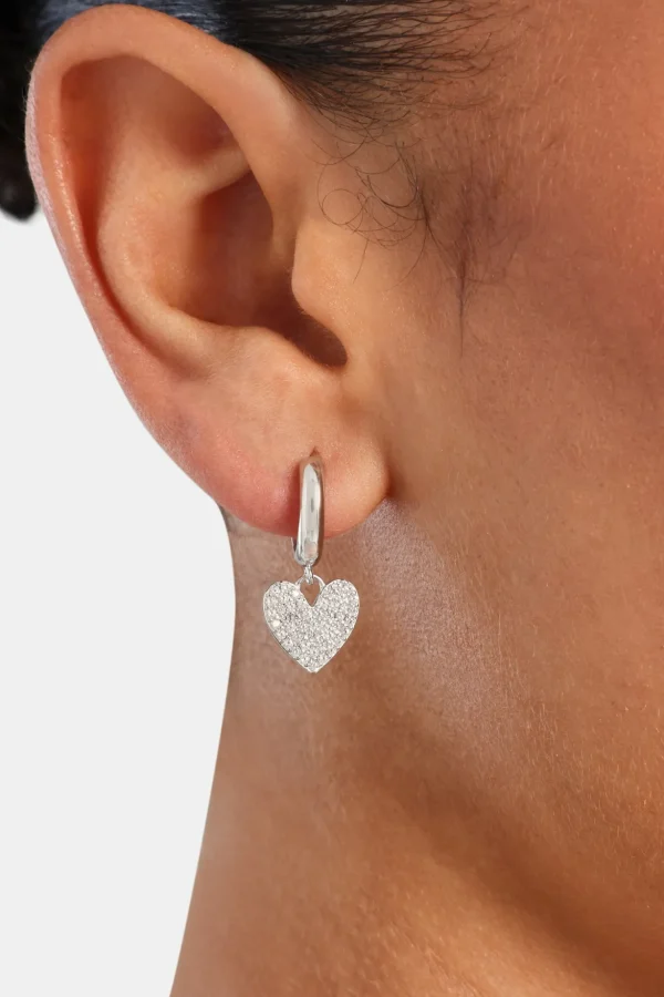 Iced Heart Huggie Hoop Earrings - White