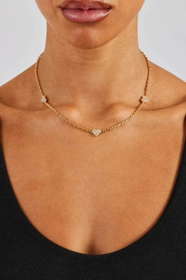 Iced Heart Thin Link Chain - 2.5mm - Gold