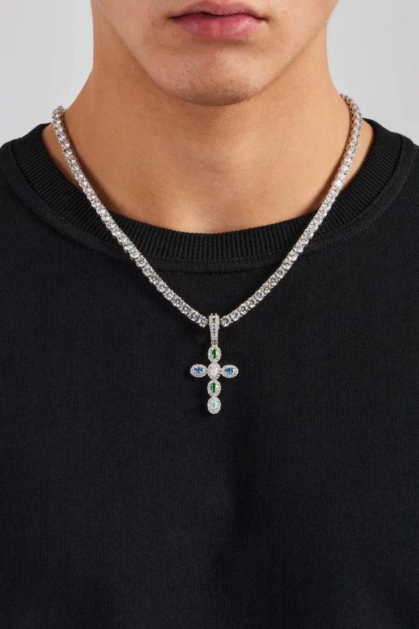 Iced Multi Colour Stone Cross Pendant & 5mm Tennis Chain